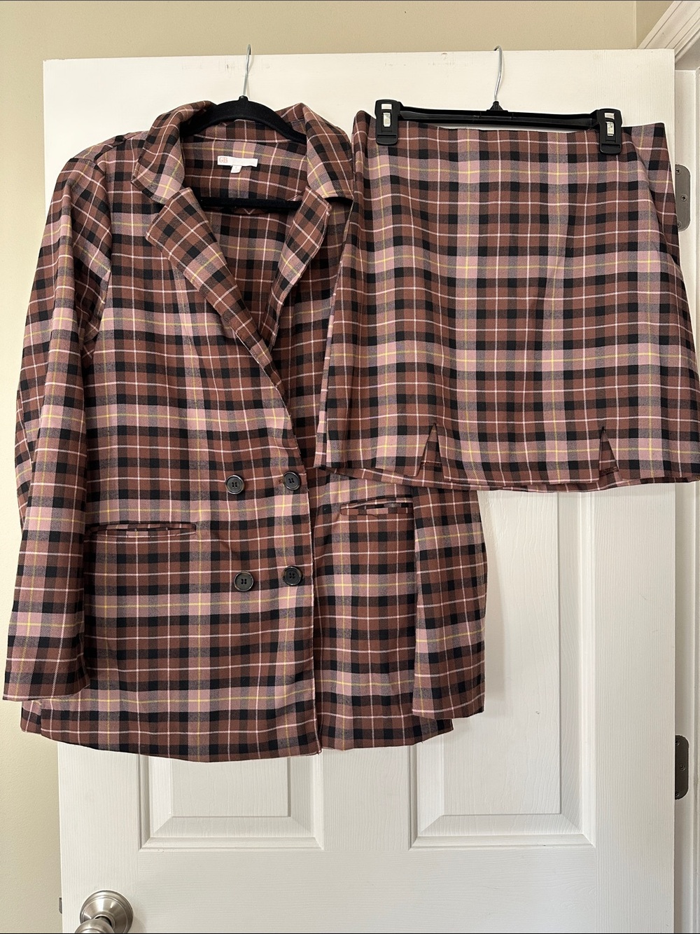 Gianni Bini Plaid Blazer and Skirt Set in Brown and Pink